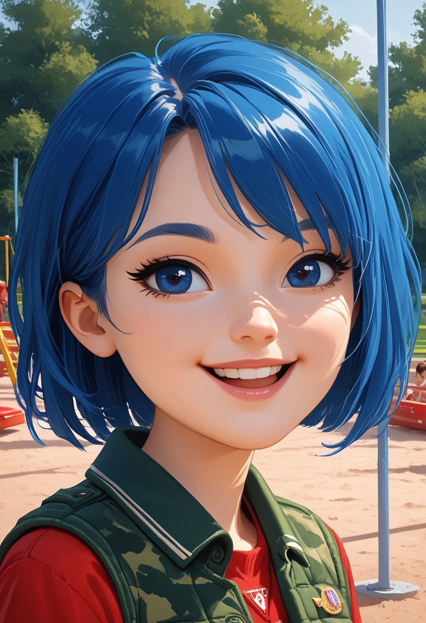 score_9, score_8_up, score_7_up, source_cartoon, highly detailed, intricate detail, high quality, HD, 8k, award-winning, masterpiece, ((upper body)), ((2d)), ((cartoon)),
((standing in a school playground, happy)), diffuse lighting, ((perfect face, detailed face)),
((portrait photo)),
1girl, solo, ((female focus)),
((bllyw00djessica3v9s5k, blue eyes, black eyes, blue hair, short hair, bangs, red shirt, long sleeves, olive-green vest, camouflage pants, sneakers)),
