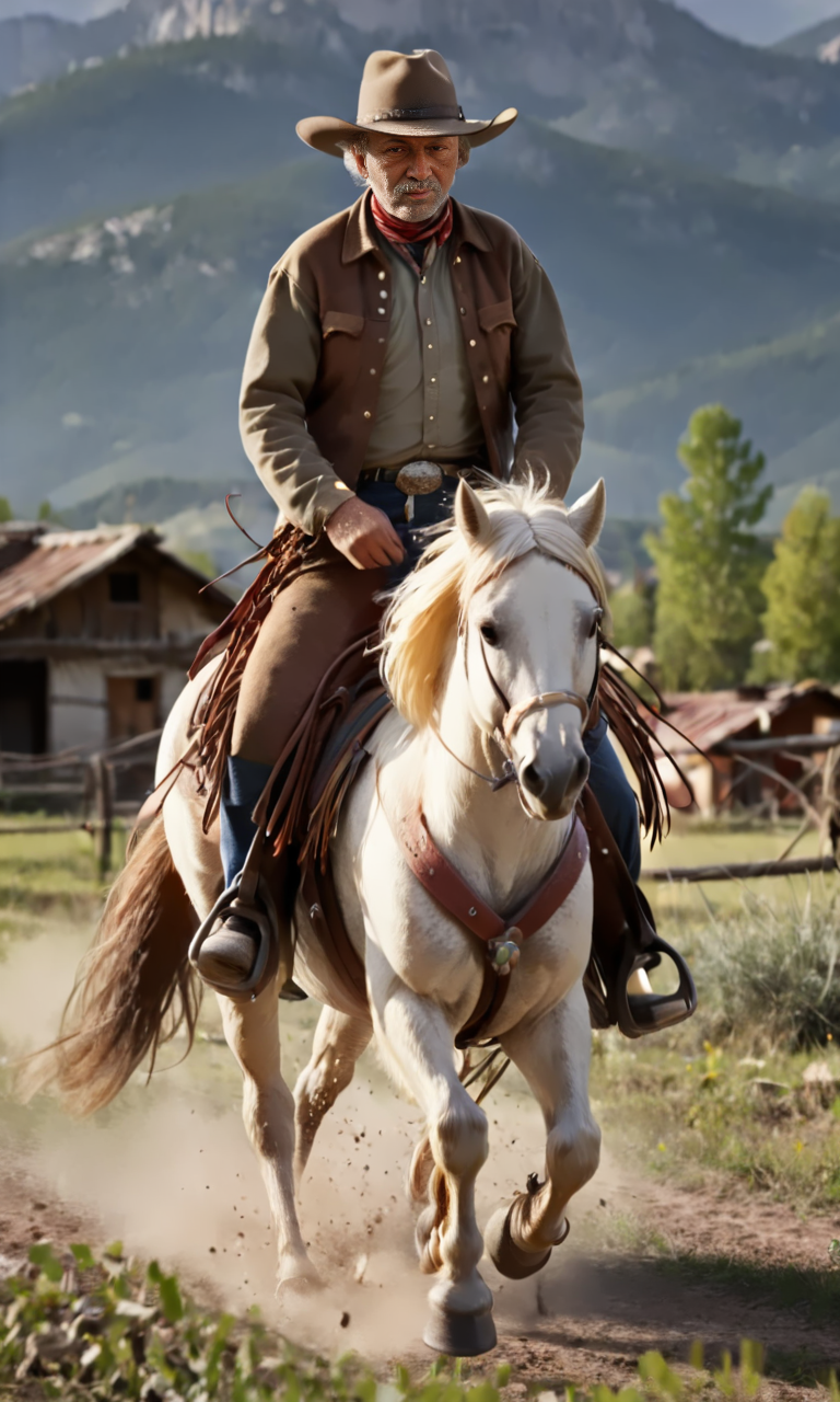 RiHorse, front_view++ (old cowboy) riding a galloping horse.  <lora:RideHorse:1>