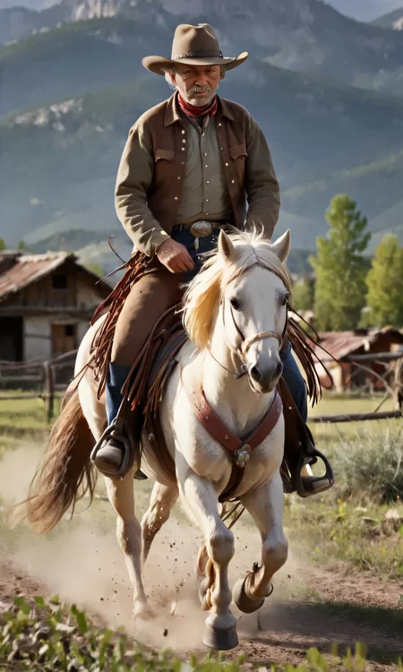 RiHorse, front_view++ (old cowboy) riding a galloping horse. <lora:RideHorse:1>