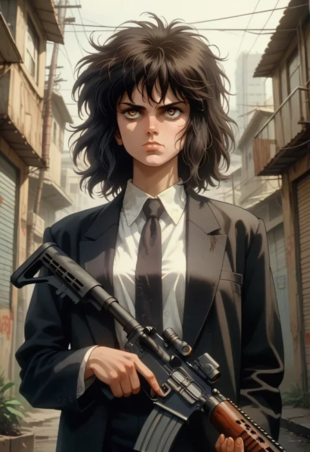 score_9, score_8_up, score_7_up, source_anime, 
1girl, solo, 
medium hair, black hair, messy hair, 
expressionless, (empty eyes:0.7), (smirk:0.7), (smug:0.80), 
business suit, necktie, white shirt, 
outdoors, streets, 
cowboy shot, dutch angle, untucked shirt,
retro, ghostintheshellstyle,
ho1ding-weap0n, holding rifle