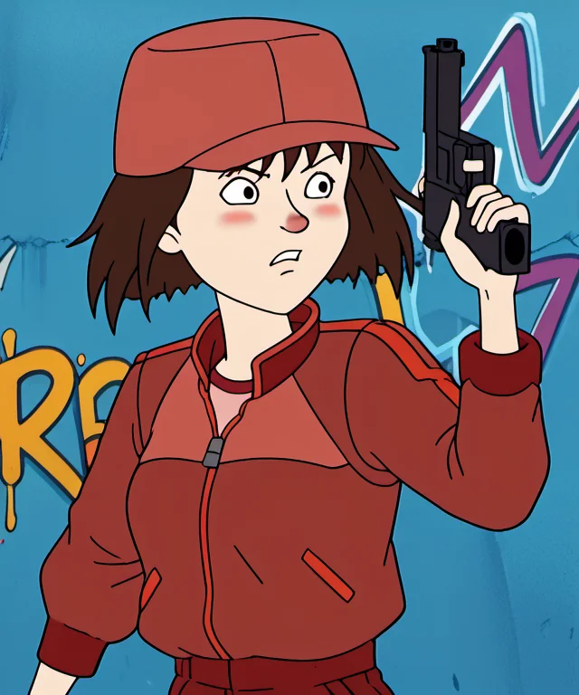 solo, 1girl, hhs1, blush, brown hair, short hair, red hat, red jacket, red shorts, holding gun, breasts, blue wall background with graffiti, dynamic pose, upper body, <lora:hhs1-000009:1.2>, <lora:Kei_-_Akira_-_Pony:0.6>,