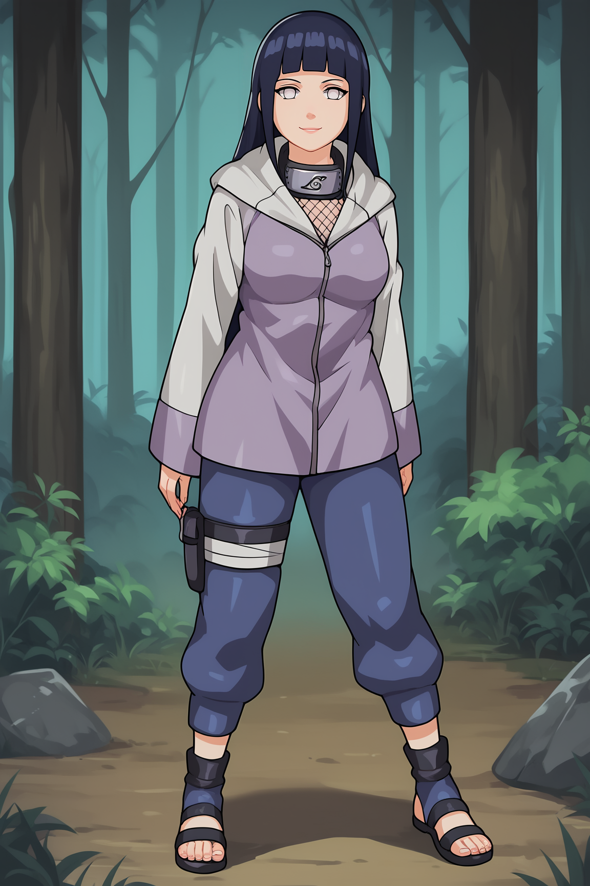 score_9, score_8_up, score_7_up, score_6_up, BREAK, HinataHyugaNXL, no pupils, white eyes, black hair, long hair, blunt bangs, mediun breasts, forehead protector, fishnets, purple jacket, long sleeves, blue pants, black footwear, toeless footwear, solo, full body, standing, seductive smile, looking at viewer, forest <lora:HinataHyugaNXL:1>