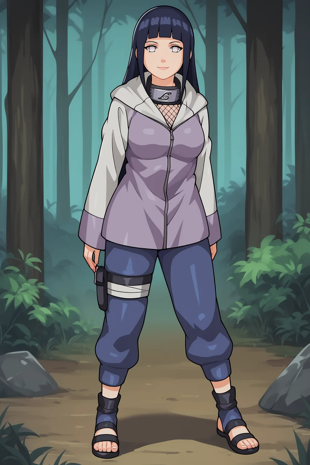 score_9, score_8_up, score_7_up, score_6_up, BREAK, HinataHyugaNXL, no pupils, white eyes, black hair, long hair, blunt bangs, mediun breasts, forehead protector, fishnets, purple jacket, long sleeves, blue pants, black footwear, toeless footwear, solo, full body, standing, seductive smile, looking at viewer, forest <lora:HinataHyugaNXL:1>