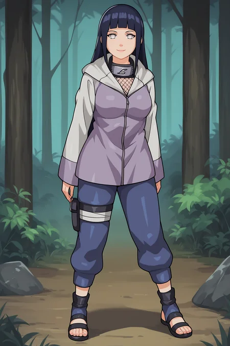 score_9, score_8_up, score_7_up, score_6_up, BREAK, HinataHyugaNXL, no pupils, white eyes, black hair, long hair, blunt bangs, mediun breasts, forehead protector, fishnets, purple jacket, long sleeves, blue pants, black footwear, toeless footwear, solo, full body, standing, seductive smile, looking at viewer, forest <lora:HinataHyugaNXL:1>