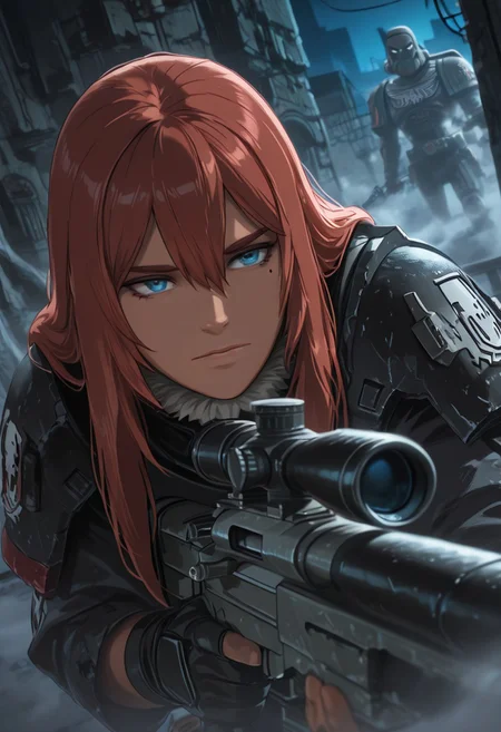 masterpiece, best quality, high quality, newest, highres,8K,HDR,absurdres, dynamic angle, realistic, 1girl, wearing edgRG_(power armor), pauldrons, raven emblem, solo, 1girl, Amaru, dark skin, dark-skinned female, red hair, short hair, hair 1girl, solo, blue eyes, red hair, long hair, hair between eyes, one mole under eyes, blue eyes, perfect eyes,  holding a sniper, silhouette, DMZ, creepy, backlit, haunted, night sky, fog, mist, cold, dutch angle, dark outside, solo, close up, mid shot, dutch angle, <lora:edgIllustriousXL_Raven_Guard:1>