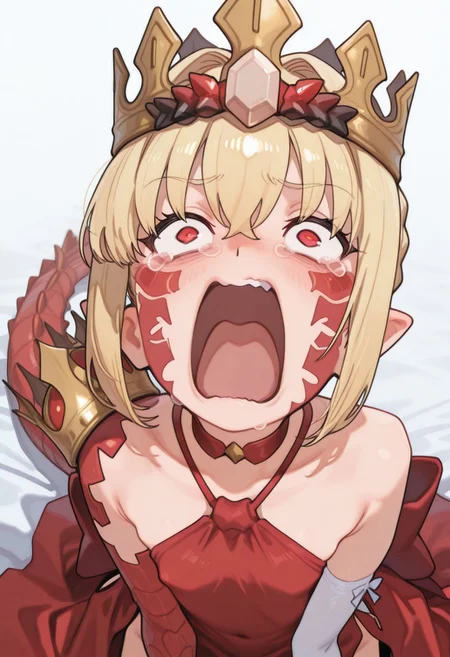 anime, masterpiece, best quality, 8k, looking at viewer,facing viewer, Nero Queen Draco, pointy ears, blonde hair, french braid, single hair bun, red eyes, facial mark, body markings, dragon tail, asymmetrical armwear, white gloves, red fingerless gloves, scales, choker, red dress, crown <lora:meme_aquascreaming_illustriousXL:0.8> aquascreaming, screaming, open mouth, crying with eyes open
<lora:Nero_Draco_Illus:1>, 1girl, masterpiece, best quality,highres, score_9, score_8_up, score_7_up, score_6_up, source anime, absurdres, masterpiece, best quality, very aesthetic, WorldSaboten