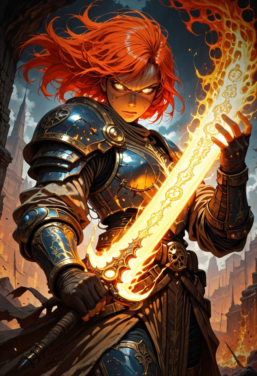 masterpiece, best quality, good quality, very aesthetic, absurdres, newest, dynamic angle, cowboy shot, M4gicalL1nes, 1girl, solo, battlemage, magic knight, half-plate armor, arcane runes, spellbook, holding flaming sword, glowing eyes, floating magic circles, wind-swept hair, dynamic pose, crackling energy, determined expression, gritty fantasy