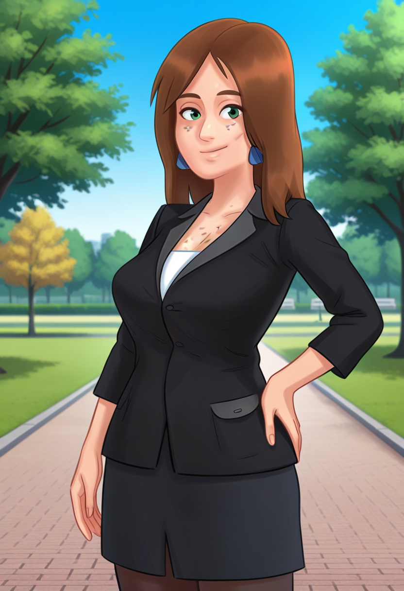 <lora:Ms Bissette [Illustrious] - Summertime Saga:1>, FRM, green eyes, freckles, body freckles, long hair, brown hair, earrings, black jacket, long sleeves, white shirt, black skirt, pencil skirt, black pantyhose, standing, looking at the viewer, outdoors, park, blue sky, smile, cowboy shot, hand on own hip,