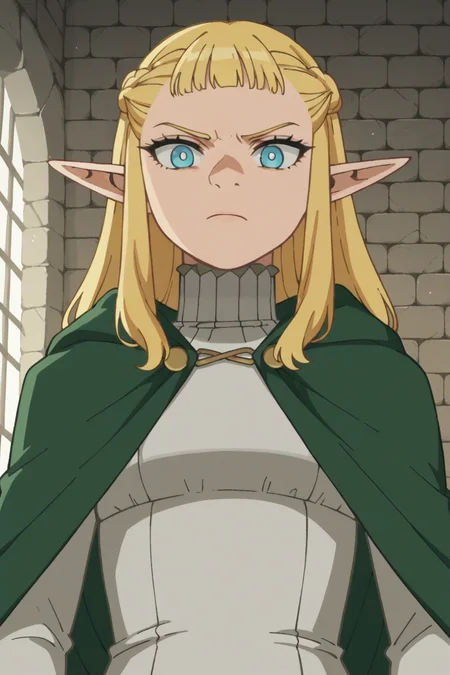 score_9, score_8_up, score_7_up, source_anime, 1girl, prefect lighting, very aesthetic, intricate details, highly detailed background, masterpiece, high quality, prefect hands, best quality, solo,
<lora:Pattadol_Dungeon_Meshi_V1:.85>, blonde hair, light blue eyes, pointy ears, pointy nose, braid, long hair,
green cape, white turtleneck dress, long sleeves,
POV, from below, angry, partially shaded face, pointing at viewer, standing,
dungeon, stone wall, dark, dim lights,
(Beautiful, small Breasts:1.2), natural breasts,