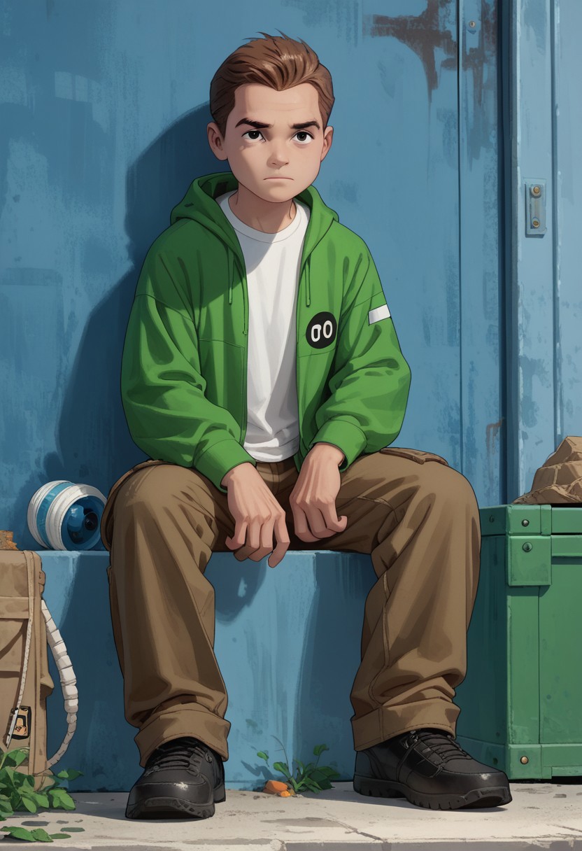 score_9, score_8_up, score_7_up, JimmyJonesUA, 1boy, solo, brown hair, black eyes, green hoodie, white shirt, cargo pants, black shoes