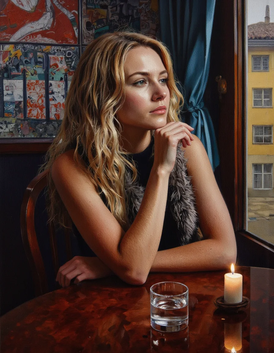 Art by Linda Delahaye. A realistic oil painting of a woman sitting at a table in a dimly lit cafe, looking out a window with a contemplative expression. the woman, has long, wavy blonde hair and is wearing a sleeveless black top with a fur trim. she is sitting and her hand resting on her chin, as if deep in thought. on the table in front of her is one glass of water and (a lit candle:1.2), creating a warm and intimate atmosphere. the background features a colorful wall with graffiti and a yellow building visible through the window, adding to the cozy ambiance of the scene.