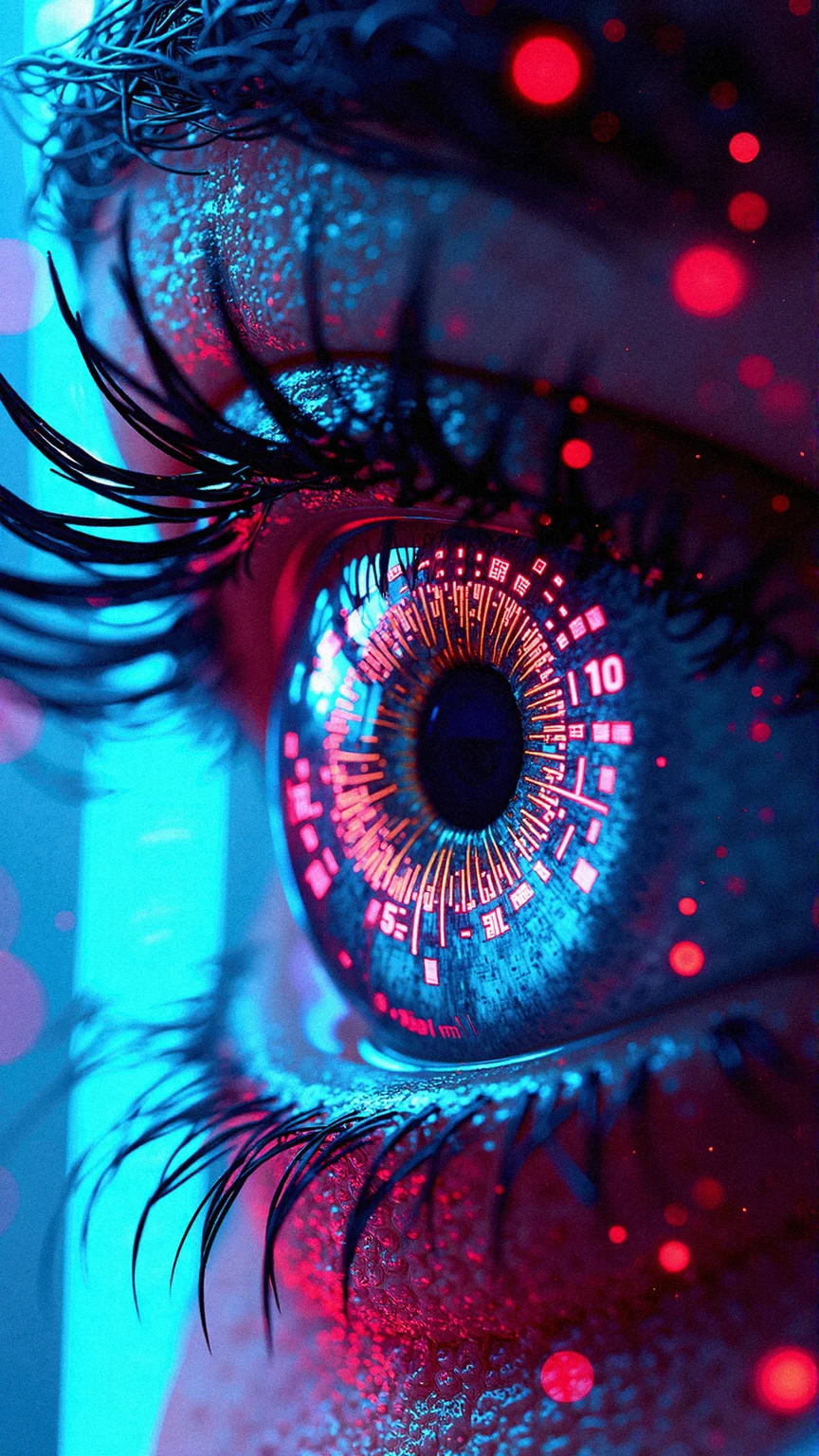 "Quantum Rain Vision"
"A highly detailed shot of a cybernetic eye focusing through a cascade of vibrant digital rain. The pupil glows with layers of intricate symbols, and faint reflections of geometric neon squares are visible on the glossy surface of the eye. The background is a blend of sharp, intersecting grids and glowing orbs, creating a hypnotic, high-tech composition."