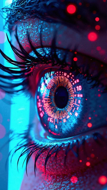 "Quantum Rain Vision"
"A highly detailed shot of a cybernetic eye focusing through a cascade of vibrant digital rain. The pupil glows with layers of intricate symbols, and faint reflections of geometric neon squares are visible on the glossy surface of the eye. The background is a blend of sharp, intersecting grids and glowing orbs, creating a hypnotic, high-tech composition."