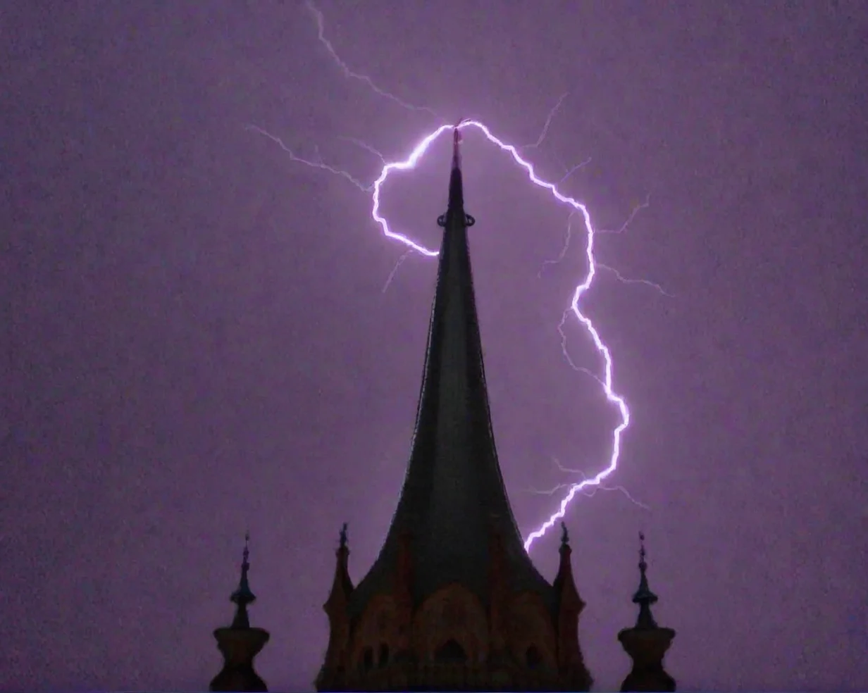 lightning, night, spire, heart <lora:lowfi-step00015000:1>