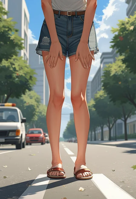 by sham sdgs, a girl standing on road and put her hands on her legs, masterpiece, Detailed hand, Perfect hand, full view, full body