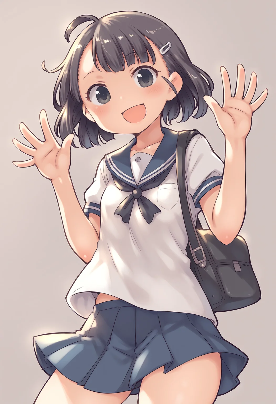 score_9, score_8_up, score_7_up,source_anime,anatomically correct,best perspective BREAK
quad-a style <lora:quad-a styleV1.1:1>
1girl, petite, flat chest, waving hands, school uniform, miniskirt, happy,