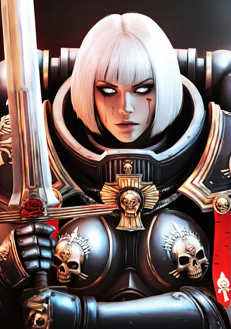upper body,
edgAdepta, 1girl, solo,bob cut, weapon, white hair,one handed sword, lips, blood, rose, gauntlets, skull ,wearing edgAdepta,power armor,pauldrons,skull emblem, <lora:edgIllustriousXLAdeptaSororitas-000004:0.85>
very aesthetic, masterpiece, best quality, very aesthetic, highres, absurdres, sensitive