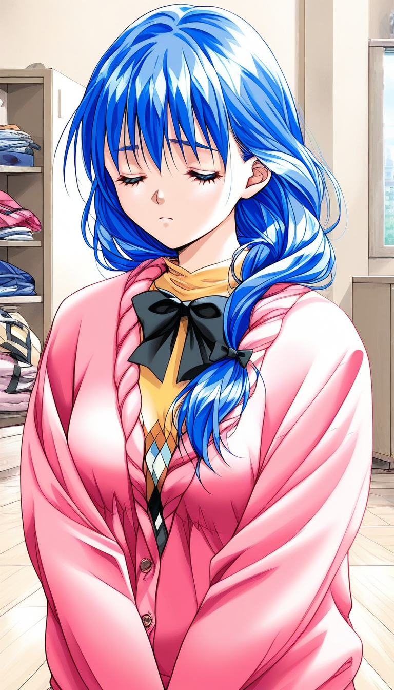 score_9, score_8_up, score_7_up, source_anime, rating_explicit, BREAK  <lora:Yasuda_Azumi_XL:1> Yasuda_Azumi, blue hair, long hair,  bangs, closed eyes, medium breasts, 
headwear removed, pink jacket,  sad, v arms,
jacket, upper body, bow, pink sweater, long sleeves, shirt, argyle, black bow, 
home in the room, flooring, 
looking at viewer,
