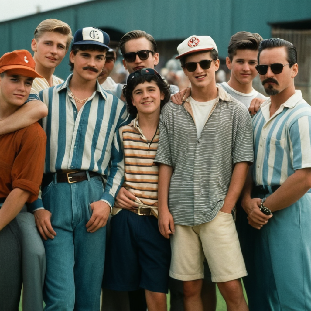 cinematic film still of  <lora:1990's style:1.2>
In the 1990's a group of people standing next to each other,smile,shirt,black hair,hat,jewelry,male focus,multiple boys,striped,necklace,facial hair,crossed arms,sunglasses,baseball cap,beard,6+boys,striped shirt,realistic,hands in pockets,mustache,prison clothes , realistic,realism, detailed, perfection,perfect,filmic,retro,vintage,classic,different haircut,different look,different style,different people, 1990's style , 1990 style, shallow depth of field, vignette, highly detailed, high budget, bokeh, cinemascope, moody, epic, gorgeous, film grain, grainy