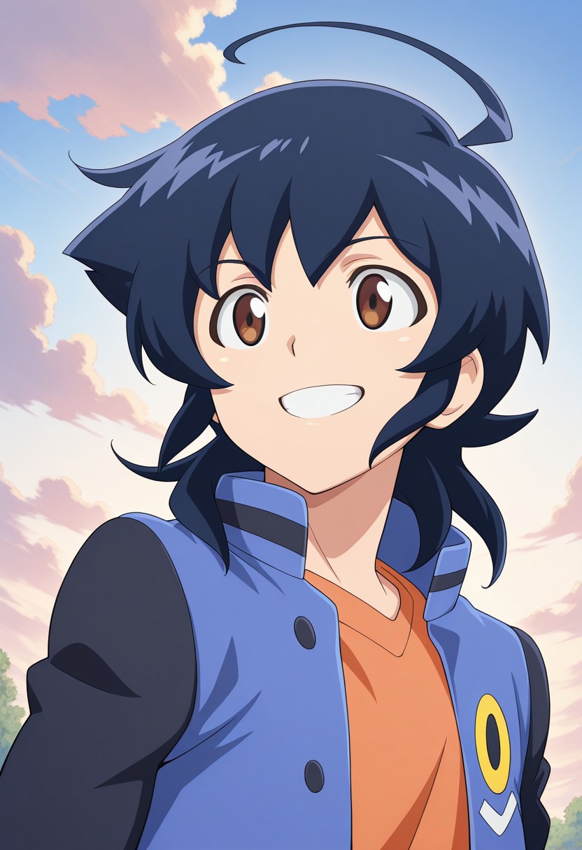 masterpiece,best quality,amazing quality, source_anime,
hirozora, 1boy, male focus, solo, brown eyes, blue hair, medium hair, ahoge, shirt, orange shirt, jacket, blue jacket, black sleeves, open jacket, smile, grin, happy, portrait,
day, sky, clouds,