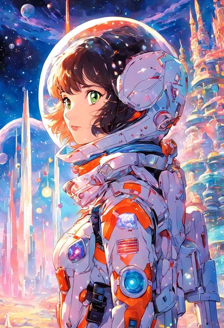 Caroline Diethard Sorg, Woman spacesuit, helmet, alien landscape, alien sky, glowing crystal buildings in the background, Macross