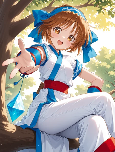masterpiece,best quality,newest,1girl,solo,
<lora:rimururu_ilxl_v1.3:1>,n_rimu,short hair,brown hair,brown eyes,r_bow,blue hairband,r_clothes,white pants,
Conle,crystal,<lora:Fixhands_anime_bdsqlsz_V1:1>,light_blush,cinematic_angle,looking_at_viewer,dynamic_angle,nature,shadow,sitting on a tree branch,crossed_legs,from_below,looking_down,fisheye,;d,reaching towards viewer,pointing at viewer,