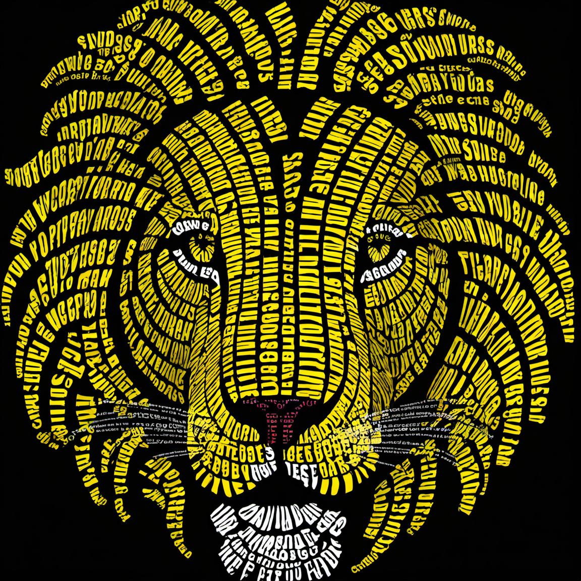 typography_art, lion face,english text, black background, yellow theme<lora:Typography_art:1>