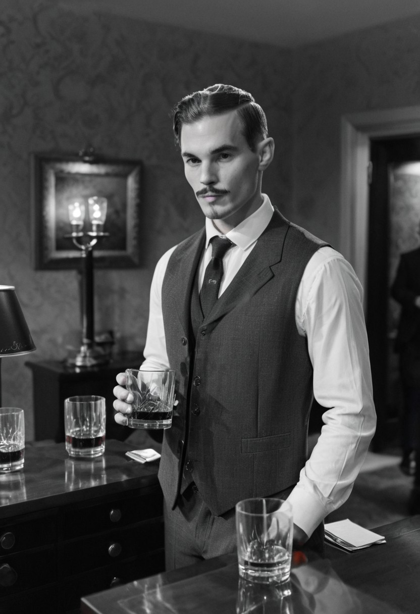 noir, dark noir, neo noir, noir2,  solo, short hair, shirt, 1boy, holding, standing, jacket, monochrome, greyscale, male focus, necktie, collared shirt, indoors, vest, cup, facial hair, formal, suit, drinking glass, lamp, <lora:Noir_v2:1>