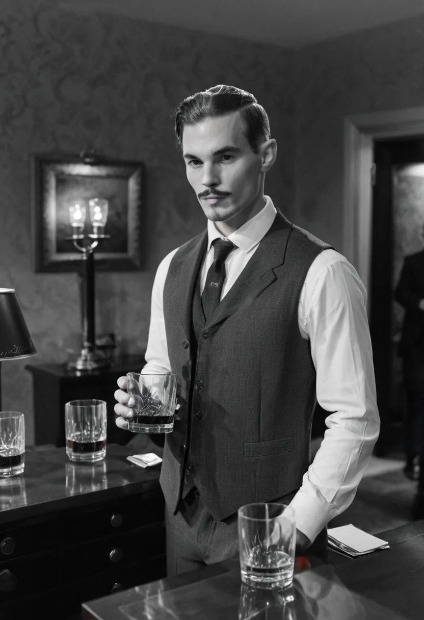 noir, dark noir, neo noir, noir2, solo, short hair, shirt, 1boy, holding, standing, jacket, monochrome, greyscale, male focus, necktie, collared shirt, indoors, vest, cup, facial hair, formal, suit, drinking glass, lamp, <lora:Noir_v2:1>