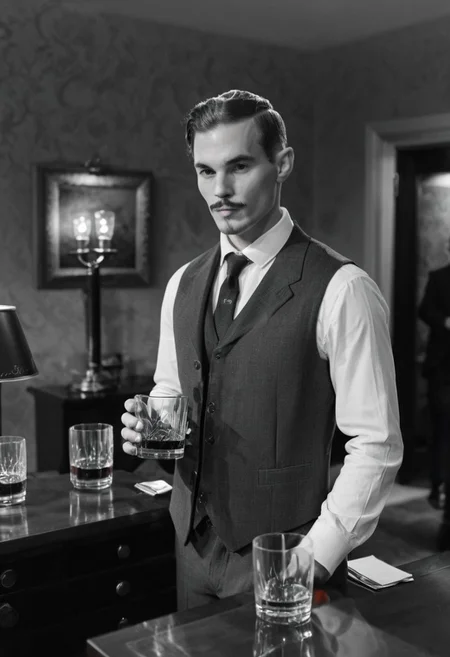 noir, dark noir, neo noir, noir2, solo, short hair, shirt, 1boy, holding, standing, jacket, monochrome, greyscale, male focus, necktie, collared shirt, indoors, vest, cup, facial hair, formal, suit, drinking glass, lamp, <lora:Noir_v2:1>