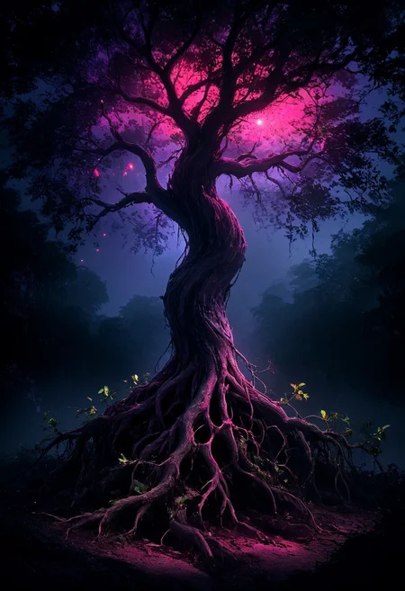 A glowing tree in darkness. This is a digital artwork featuring a stylized, surrealist representation of a tree with its roots. The trunk and branches of the tree are a deep, rich purple, fading to a lighter pink towards the top where the branches are most prominent. The roots of the tree are embedded beneath the trunk, with the roots extending outwards and downwards. Soft glowing shades of red, pink and purple with hints of blue and green take center stage, creating a cosmic, mist-like effect. The background is a deep dark blue, almost black. The tree can be seen far away in the darkness. The natural is combined with the supernatural in this image. glowing, midjourneyv6.1,masterpiece, award winning