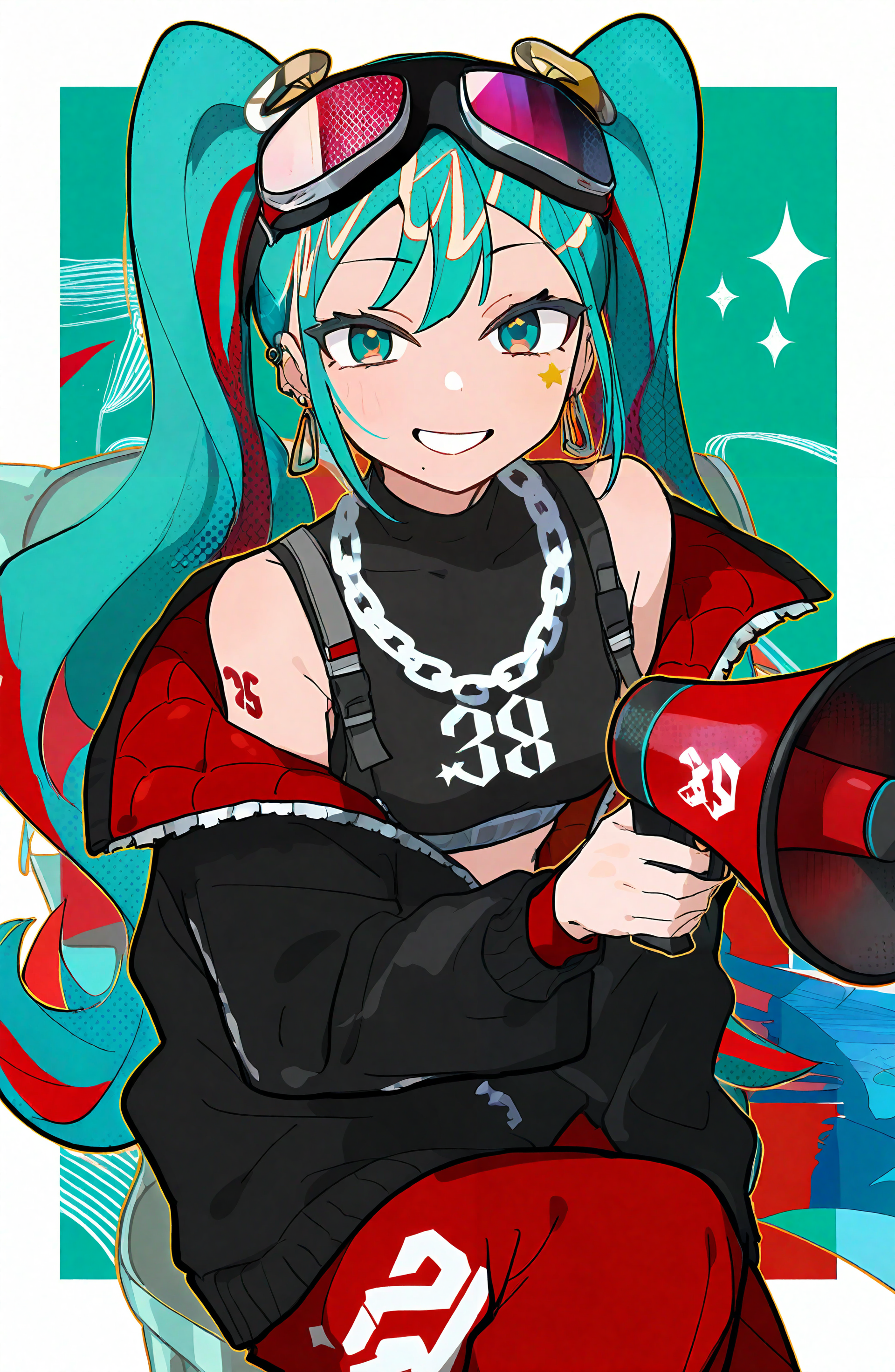 hatsune_miku, magical_mirai_miku, 1girl, solo, long_hair, looking_at_viewer, smile, holding, jewelry, very_long_hair, twintails, jacket, multicolored_hair, red_hair, open_clothes, pants, off_shoulder, necklace, star_\(symbol\), grin, open_jacket, character_name, black_jacket, aqua_eyes, tattoo, aqua_hair, goggles, red_jacket, goggles_on_head, shoulder_tattoo, two-sided_fabric, red_pants, number_tattoo, chain_necklace, megaphone, two-sided_jacket, 39, holding_megaphone, detached_hair, down_jacket