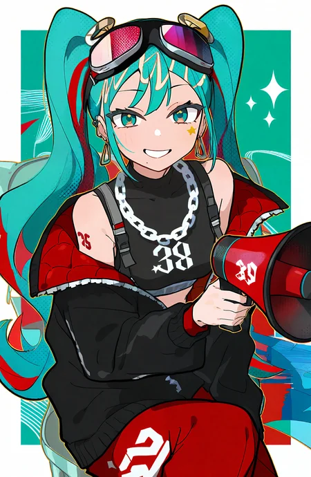 hatsune_miku, magical_mirai_miku, 1girl, solo, long_hair, looking_at_viewer, smile, holding, jewelry, very_long_hair, twintails, jacket, multicolored_hair, red_hair, open_clothes, pants, off_shoulder, necklace, star_\(symbol\), grin, open_jacket, character_name, black_jacket, aqua_eyes, tattoo, aqua_hair, goggles, red_jacket, goggles_on_head, shoulder_tattoo, two-sided_fabric, red_pants, number_tattoo, chain_necklace, megaphone, two-sided_jacket, 39, holding_megaphone, detached_hair, down_jacket