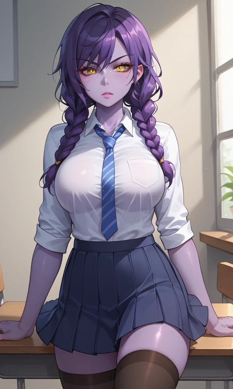 anime style, anime studio, vibrant, (score_9, score_8_up,score_7_up), masterpiece, best quality, ultra quality, 1girl, glavakolhoza_shyvana, toned, school yard, (no helmet:1.1), no horns, (colored skin:1.1), (purple skin:1.2), (purple freckles:1.1), yellow eyes, (big breasts:1.2), long hair, twin braids, <lora:glavakolhoza_shyvana:0.85>, school uniform, skirt, shirt, stockings, relaxed pose