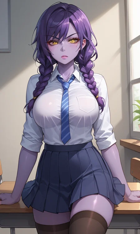 anime style, anime studio, vibrant, (score_9, score_8_up,score_7_up), masterpiece, best quality, ultra quality, 1girl, glavakolhoza_shyvana, toned, school yard, (no helmet:1.1), no horns, (colored skin:1.1), (purple skin:1.2), (purple freckles:1.1), yellow eyes, (big breasts:1.2), long hair, twin braids, <lora:glavakolhoza_shyvana:0.85>, school uniform, skirt, shirt, stockings, relaxed pose