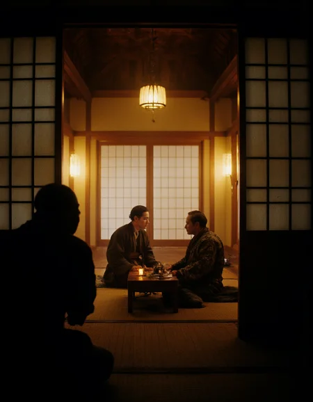 A cinematic scene set in feudal Japan, showing a stealthy female ninja dressed in dark, form-fitting shinobi garb, her face partially concealed by a cloth mask. She creeps silently behind a sliding wooden door, her form partially obscured by shadow and the intricate wooden latticework. The interior is that of a traditional Japanese manor homeâtatami mat flooring, wooden beams, and delicate shoji panels. In the warmly lit room beyond, two Japanese lords in ornate kimonos speak in hushed tones, seated on cushions around a low lacquered table adorned with a sake set. Paper lanterns and candlelight cast soft, flickering shadows, creating a tense and suspenseful atmosphere. The perspective is from behind the ninja, capturing both her poised stance and the partially open view of the room she spies on.
 <lora:CinematicStyleFlux_v1:1> <lora:detailer_flux_v1:1> detailerlora