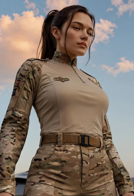 score_9, score_8_up, score_7_up, score_6_up, score_5_up, detailed, female, (20 yr old), petite, (brown hair), expressiveh, (high ponytail), beautiful hair, brown eyes, big breasts, g4multicamuniform, see_through top from below, dominant, light blue sky, orange clouds, jet formation at the sky, <lora:t0sh14XLP:0.7> <lora:G4MulticamUniform:0.7>