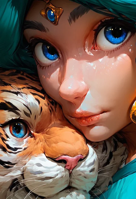 score_9, score_8_up, score_7_up, score_6_up, score_5_up, ARGENreboot, ARGEN_style, animalclose-up, 1girl , princess jasmine and a tiger ,