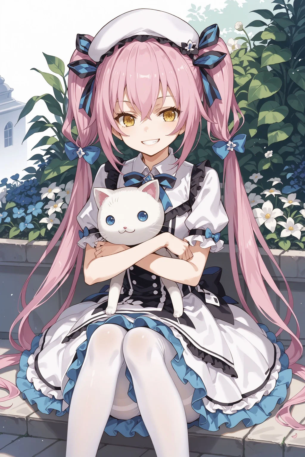 score_max, (score_9, score_8_up, score_7_up:1.0), score_6_up, official art,
masterpiece, absurdres, high detail, 8k,
outdoors, garden, white flower, white background, upper body,
sitting, knees up, holding stuffed toy, white cat, seductive smile, grin,
ddpsaya, twintails, hair bow, white hat, hat ribbon, white, white dress, puffy short sleeves, frills, frilled skirt, layered skirt, white pantyhose,
<lora:XL_Pony_gomaotsu-saya-t2:0.9>