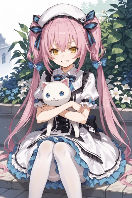 score_max, (score_9, score_8_up, score_7_up:1.0), score_6_up, official art,
masterpiece, absurdres, high detail, 8k,
outdoors, garden, white flower, white background, upper body,
sitting, knees up, holding stuffed toy, white cat, seductive smile, grin,
ddpsaya, twintails, hair bow, white hat, hat ribbon, white, white dress, puffy short sleeves, frills, frilled skirt, layered skirt, white pantyhose,
<lora:XL_Pony_gomaotsu-saya-t2:0.9>