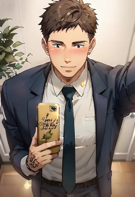 (score_9, score_8_up, score_7_up), ((source anime, best quality, best aesthetic, perfect anatomy, Gold Ratio, Art Composition, zPDXLxxx)), 1boy, doumeki, male_focus, handsome detailed face, black eyes, collared shirt, blazer, necktie, solo, modern office, portrait, (((Happy Tears, High-contrast light, ground view down, Selfie, Writing, holding_leaf))), <lora:aesthetic_anime_v1s:1>, <lora:Smooth Anime 2 Style SDXL_LoRA_Pony Diffusion V6 XL:1>, <lora:Doumeki:0.8>