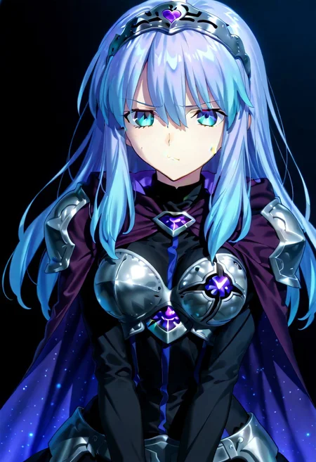 score_9, score_8_up, score_7_up, ((solo)), calm, pout, closed mouth, 1girl, solo, (medium breasts, thin waist, wide hips), peaceful, closed mouth, adult, (((eirika face))), (((cyan hair, cyan eyes))), ((long hair, hair between eyes)), (((indigo cape, metal headband, green metal_uniform, metal breast_armor))), no background, dark background, cowboy shot, dark background, portrait, Expressiveh,