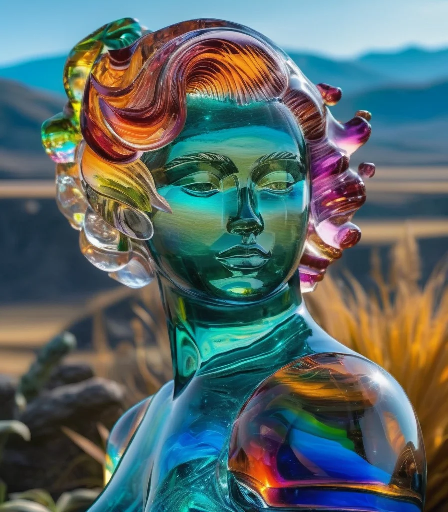 A detailed and vibrant portrait of glasssculpture, alisabcnv  in a fantastical landscape with vibrant colors and intricate details, rendered in an art style that mixes realism with elements of surrealism, done by artists such as Ruan Jia and Yoshitaka Amano. <lora:sdxl_glass:1> <lora:sdxl_alisabcnv:0.8>
