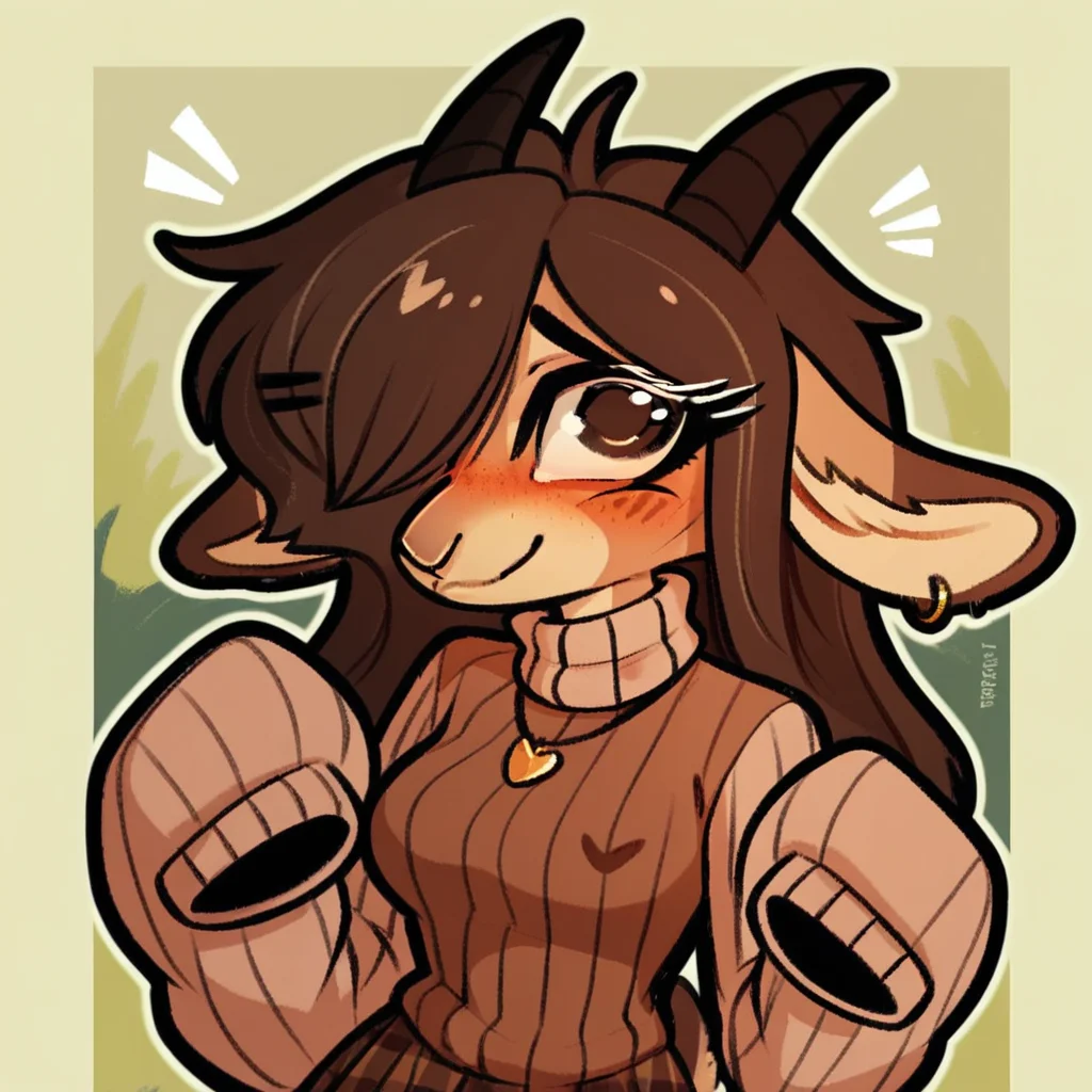 score_9_up, score_8_up, score_7_up, score_6_up,half length portrait, furry, blush, female, furry female, turtleneck, turtleneck sweater, sleeves past fingers, sleeves past wrists, goat, horns, hairclip, brown hair, freckles, medium breasts, necklace, brown eyes, hair over one eye, ear piercing, plaid skirt, leg warmers, female, ring, long hair, tail, solo, smile, happy, three-quarter view, head tilt, tail, simple background, white outline,