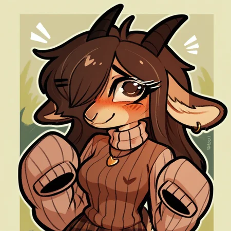score_9_up, score_8_up, score_7_up, score_6_up,half length portrait, furry, blush, female, furry female, turtleneck, turtleneck sweater, sleeves past fingers, sleeves past wrists, goat, horns, hairclip, brown hair, freckles, medium breasts, necklace, brown eyes, hair over one eye, ear piercing, plaid skirt, leg warmers, female, ring, long hair, tail, solo, smile, happy, three-quarter view, head tilt, tail, simple background, white outline,