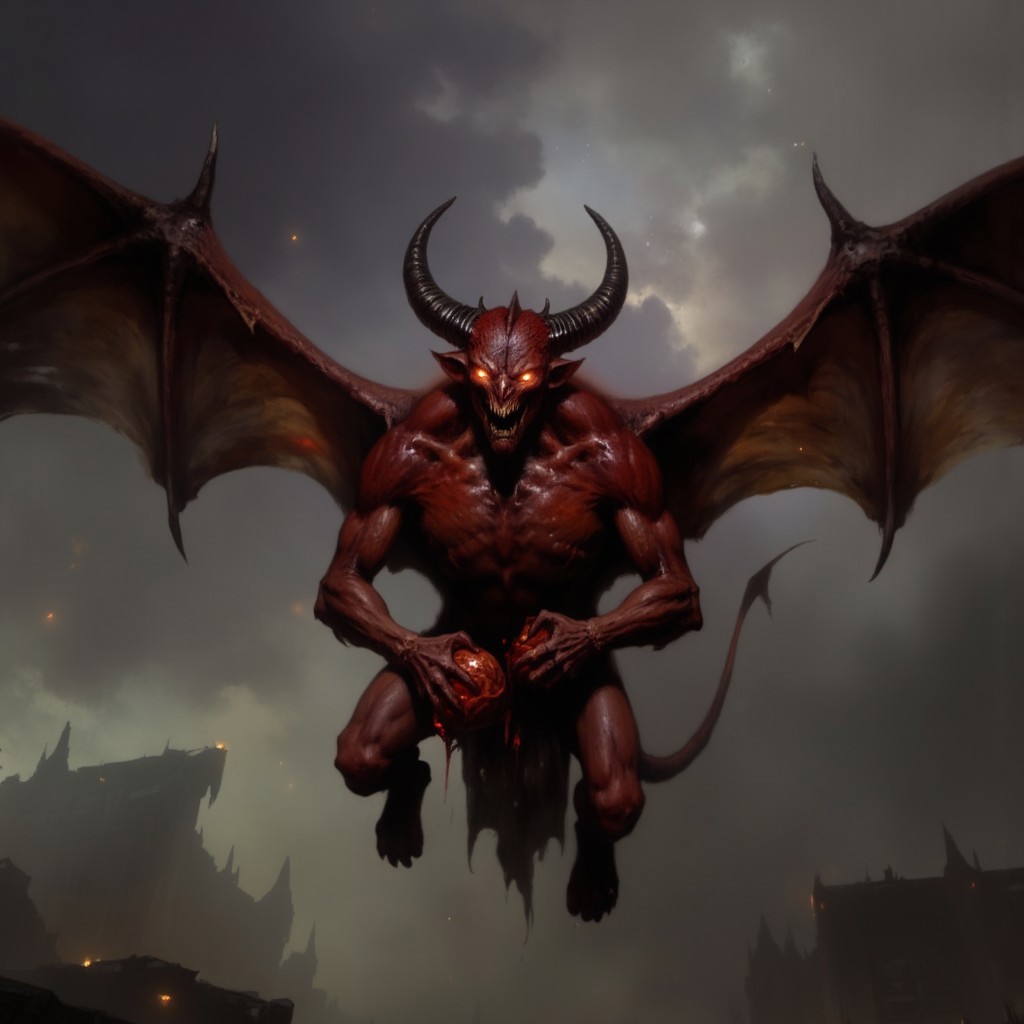 first person pov, 3D01S, simple background atmospheric and powerful dark fantasy, natural organic and first person pov of a 
A small menacing imp looking red-skinned fire gargoyle, blending the features of a bat and a demon. Its short body is covered in rough, crimson hide, with massive leathery wings stretching from its back, ready to launch into the air. Its glowing, fiery eyes pierce the darkness, while sharp horns protrude from its head. The creature's hands, tipped with razor-like claws, clutch a ball of bloody meat, ready to hurl at its prey. Its stance is hunched, exuding an aura of fear. Its long, sharp fangs glisten. It hovers just above the ground, prepared to unleash fiery devastation from the skies. The creature embodies the brutal, animalistic enforcer of the infernal realm. 
UHD letterboxed game trailer frame chromatic aberration dark atmosphere sharp masterpiece with a focus on the character, elden ring style, dark atmosphere, chromatic aberration