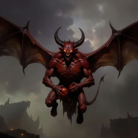 first person pov, 3D01S, simple background atmospheric and powerful dark fantasy, natural organic and first person pov of a
A small menacing imp looking red-skinned fire gargoyle, blending the features of a bat and a demon. Its short body is covered in rough, crimson hide, with massive leathery wings stretching from its back, ready to launch into the air. Its glowing, fiery eyes pierce the darkness, while sharp horns protrude from its head. The creature's hands, tipped with razor-like claws, clutch a ball of bloody meat, ready to hurl at its prey. Its stance is hunched, exuding an aura of fear. Its long, sharp fangs glisten. It hovers just above the ground, prepared to unleash fiery devastation from the skies. The creature embodies the brutal, animalistic enforcer of the infernal realm.
UHD letterboxed game trailer frame chromatic aberration dark atmosphere sharp masterpiece with a focus on the character, elden ring style, dark atmosphere, chromatic aberration