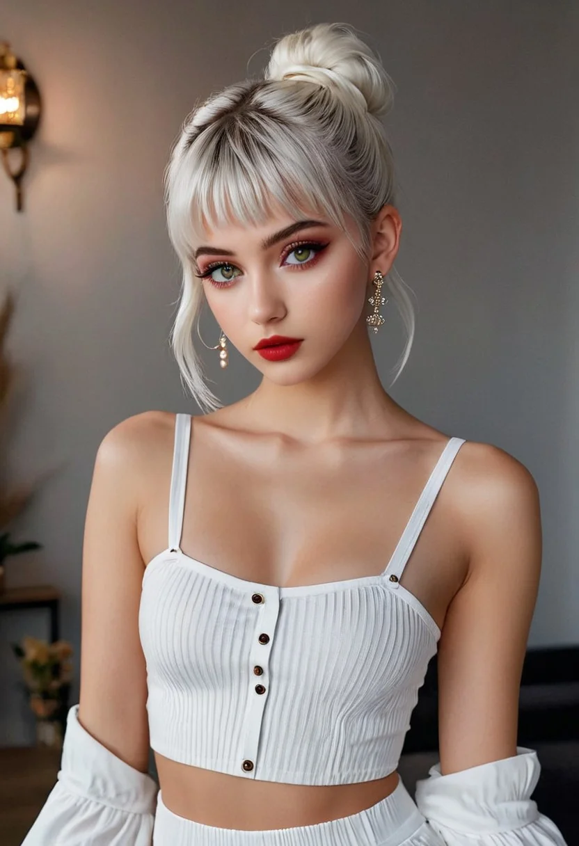 20 year old Turkish girl, long shot, pose 1:2, standing, stand up, full body view, hazel eyes, pale skin, puffy lips, makeup, eye contact, hairclip, light white hair, very short hair, hair up, double bun, hair flaps, asymmetrical bangs, long bangs, x hair ornament, dark red lips, red eyeshadow, mascara, eyeliner, stud earrings, piercing, blush, flat chest, epic action, Unreal Engine, cinematic award winning artwork, many details, extreme detailed, full of details,Wide range of colors., dramatic, Dynamic,Cinematic,Sharp details, Insane quality. Insane resolution. Insane details. Masterpiece. 32k resolution. casting shadow style, cucoloris patterned illumination, <lora:add-detail-xl:1>