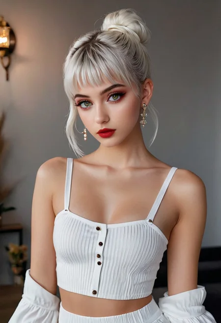 20 year old Turkish girl, long shot, pose 1:2, standing, stand up,  full body view, hazel eyes, pale skin, puffy lips, makeup, eye contact, hairclip, light white hair, very short hair, hair up, double bun, hair flaps, asymmetrical bangs, long bangs, x hair ornament, dark red lips, red eyeshadow, mascara, eyeliner, stud earrings, piercing, blush, flat chest, epic action, Unreal Engine, cinematic award winning artwork, many details, extreme detailed, full of details,Wide range of colors., dramatic, Dynamic,Cinematic,Sharp details, Insane quality. Insane resolution. Insane details. Masterpiece. 32k resolution. casting shadow style, cucoloris patterned illumination, <lora:add-detail-xl:1>