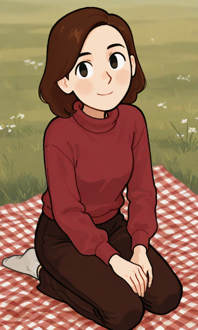 0waxio, ,Johanna, brown hair, red sweater, brown pants, kneeling, picnic, looking at viewer, smile, solo, outdoor,